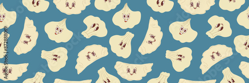 Cute dumplings characters with different facial expressions. Seamless pattern. Chinese food. Hand drawn style. Vector drawing. Design ornaments. Vector illustration