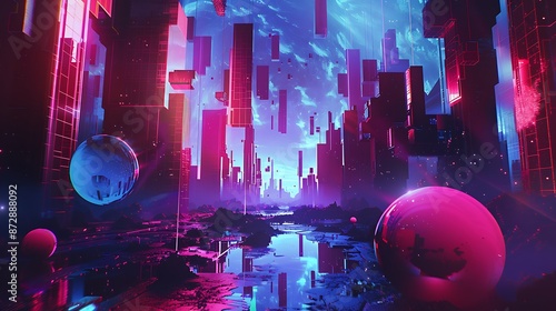A surreal dreamscape of neon shapes floating against a backdrop of inky darkness, evoking a sense of wonder and enchantment.