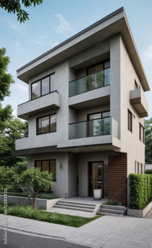 Naklejka premium A Contemporary Dwelling with Stylish Architecture, Beautiful Exterior Design, and a Serene Garden Setting. Perfect Family Home in a Residential Neighborhood, Featuring Thoughtful Construction