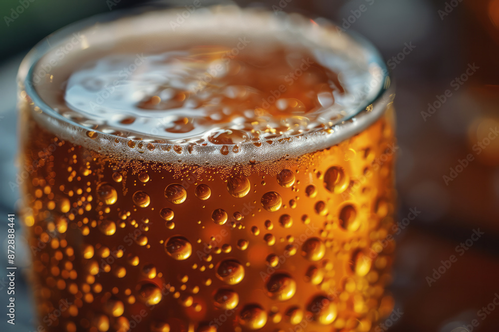 Close-up of a frosty glass of beer with water droplets on the surface, golden liquid inside, and foam cascading down the side, Close-up of a frosty glass of beer with water droplets on the surface, golden liquid inside, and foam cascading down the side,