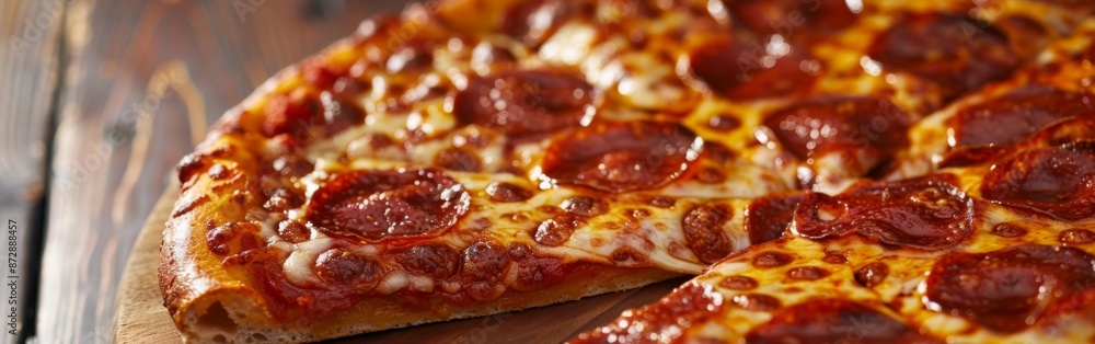 A close-up view of a pepperoni and sausage pizza with melted cheese, showcasing the delicious toppings and crispy crust A close-up view of a pepperoni and sausage pizza with melted cheese, showcasing the delicious toppings and crispy crust