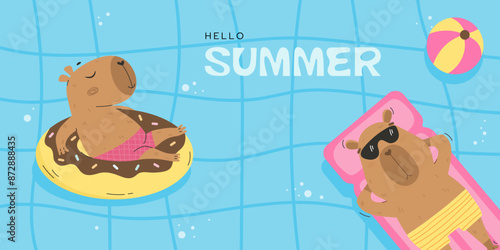 Funny capybaras floating in swimming pool