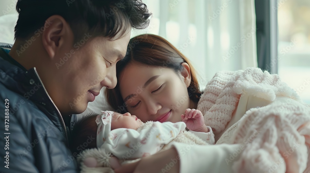 Tender portrait of loving new parents embracing their newborn baby girl Tender portrait of loving new parents embracing their newborn baby girl