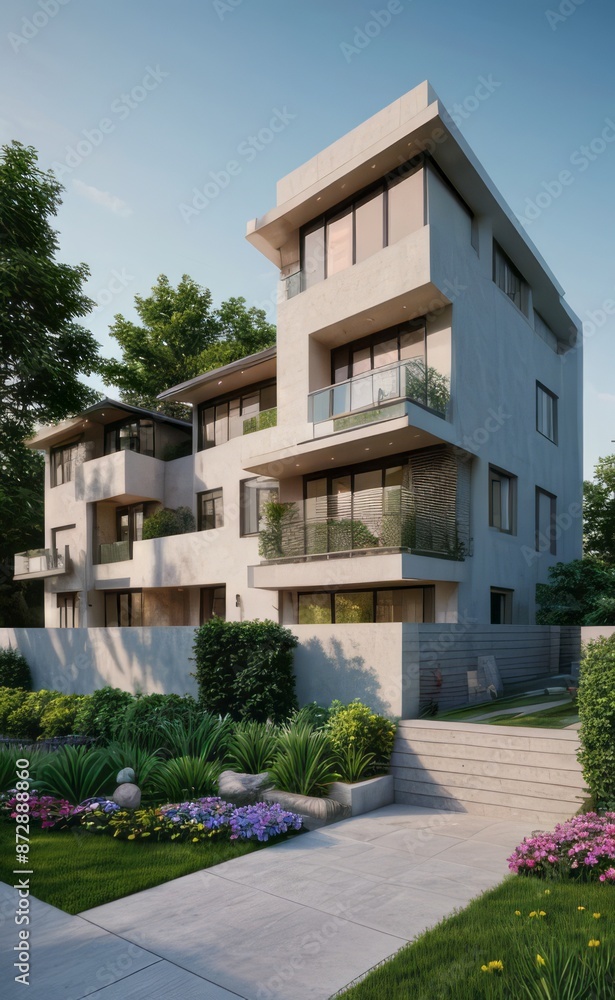 Fototapeta premium A Contemporary Dwelling with Stylish Architecture, Beautiful Exterior Design, and a Serene Garden Setting. Perfect Family Home in a Residential Neighborhood, Featuring Thoughtful Construction