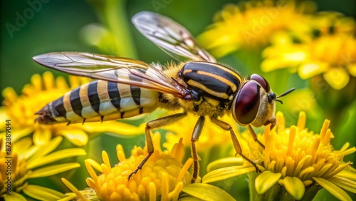 A solo Eupeodes latifasciatus hoverfly, also known as a flower fly, perches on a delicate yellow blooming flower in natural habitat. photo