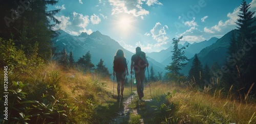 Couple Hiking Through Mountainous Landscape During Golden Hour