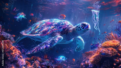 A breathtaking underwater view of colorful coral reefs teeming with marine life, including fish and sea turtles. photo