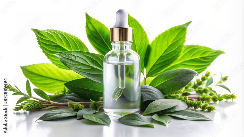 Elegant glass cosmetic dropper bottle filled with organic moisturizer against a clean white background, surrounded by lush greenery. Elegant glass cosmetic dropper bottle filled with organic moisturizer against a clean white background, surrounded by lush greenery.