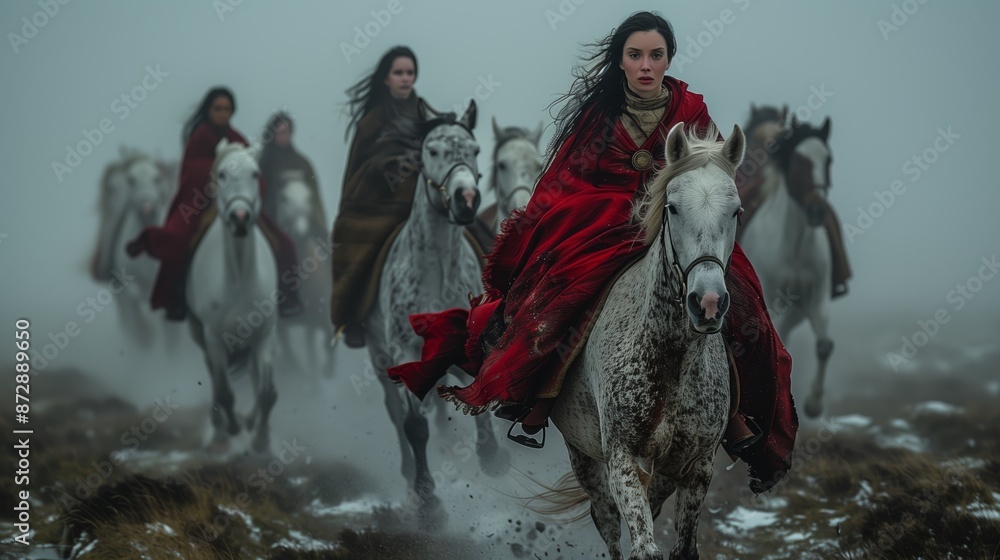 Fototapeta premium A Group of Women Ride White Horses Through Foggy Landscape