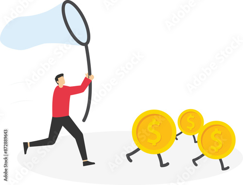 Chasing high performance active mutual fund, buying rising star stock or funds, catch or grab hot ETFs concept, businessman investor run chasing try to catch high performance attractive dollar coin.

