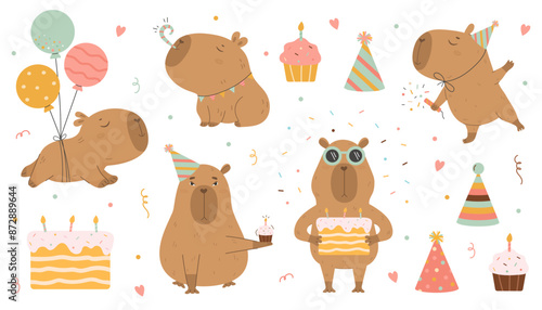 Funny capybara Happy Birthday big vector set