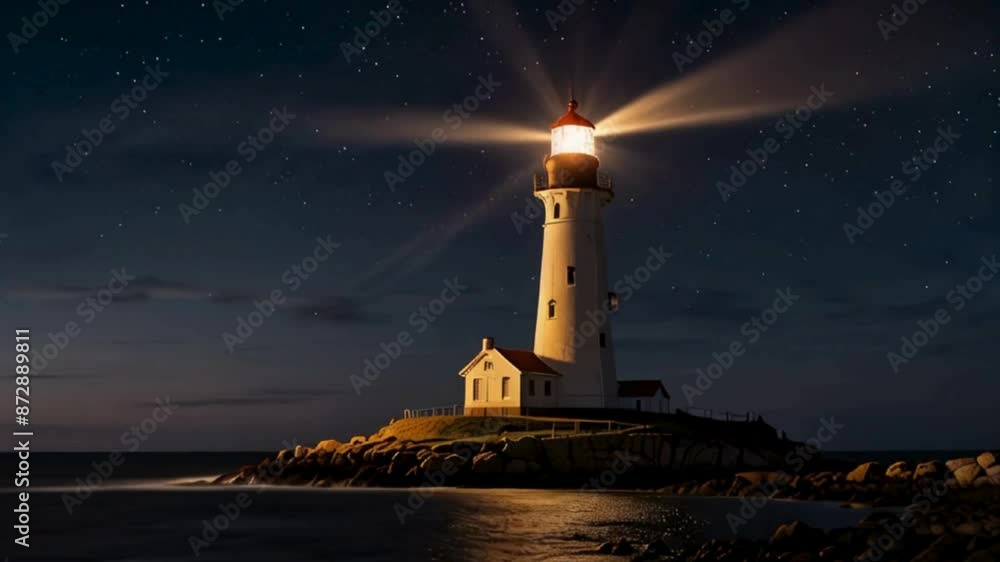 Lighthouse Beaming Light Across the Sea at Night Lighthouse Beaming Light Across the Sea at Night