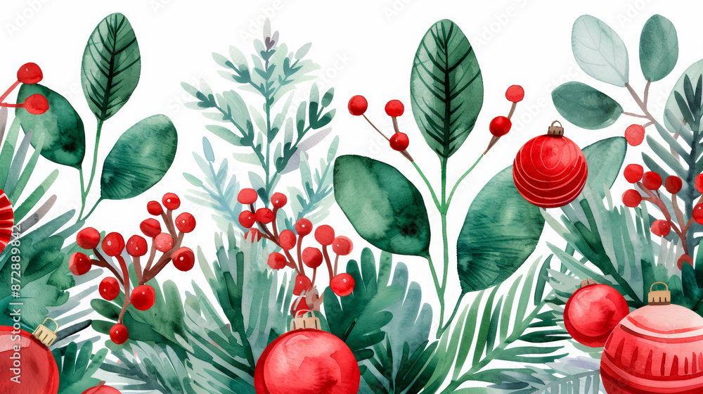 Obraz premium Ink watercolor illustration capturing rich emerald and scarlet hues with festive elements for Christmas decor banner design watercolour background 