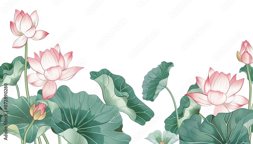 Fototapeta premium Lotus frame clipart, flower border, handdrawn style, pink and green, isolated on white background,