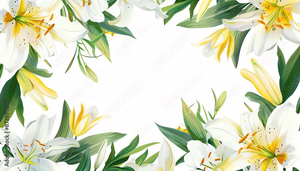 Lily frame clipart, flower border, vector art, white and yellow hues, isolated on white background, Lily frame clipart, flower border, vector art, white and yellow hues, isolated on white background,