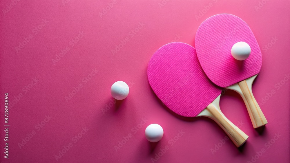Two ping pong paddles rest alongside two balls on a vibrant pink background, evoking playful table tennis and recreational game themes. Two ping pong paddles rest alongside two balls on a vibrant pink background, evoking playful table tennis and recreational game themes.