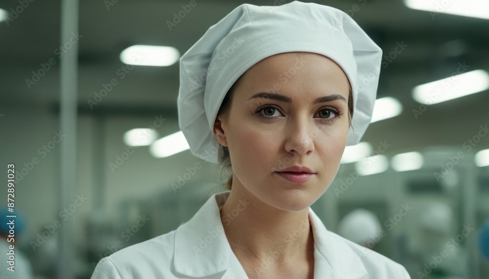 Woman in medical hat in lab, research or pharma company. Concept of innovation, study and experiment at job for medicine development. Generative AI Woman in medical hat in lab, research or pharma company. Concept of innovation, study and experiment at job for medicine development. Generative AI