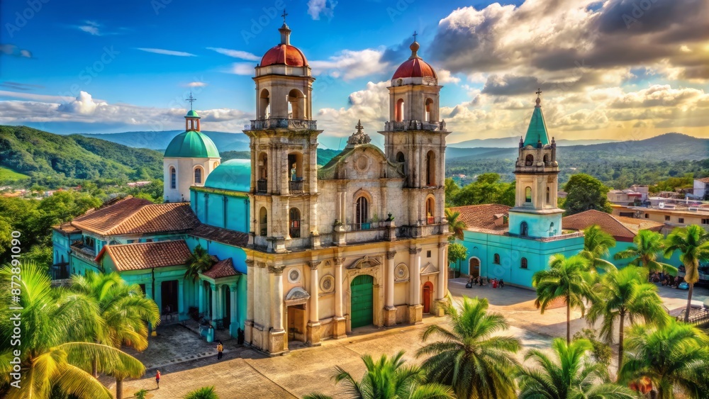 Obraz premium Majestic Baroque-style basilica with vibrant turquoise domes and ornate architecture set amidst lush tropical surroundings in Cuba.