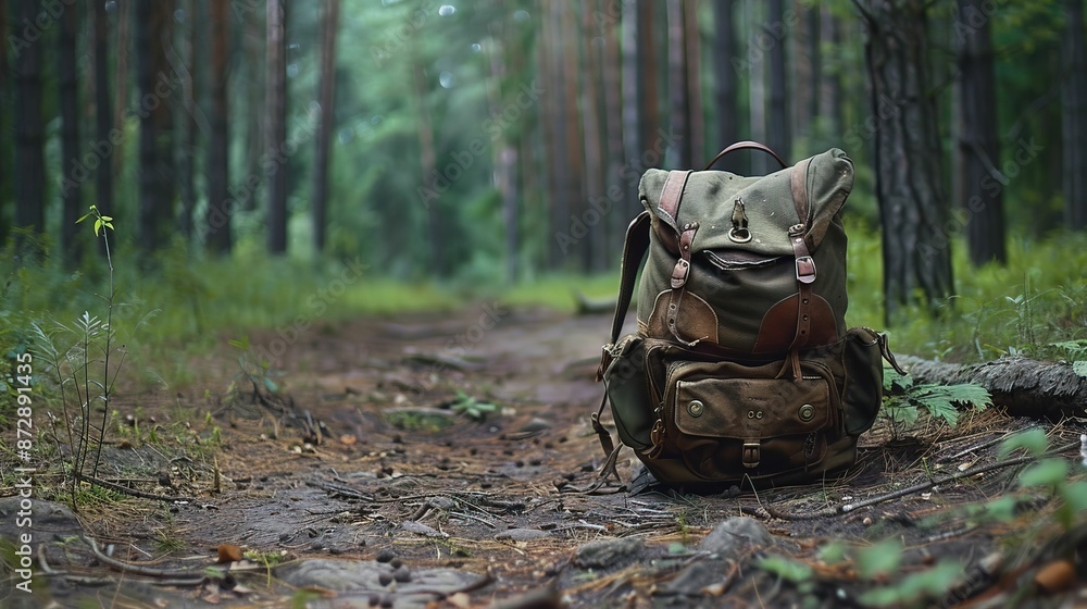 A brown colour backpack in the forest A brown colour backpack in the forest