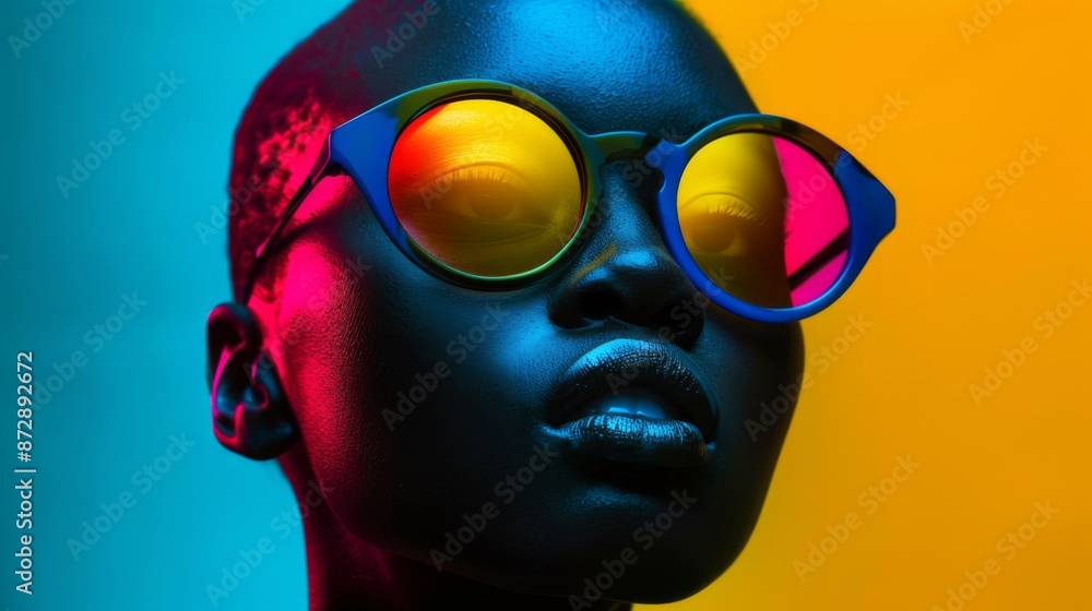 Young black woman model in sunglasses in vibrant fashion editorial style. Young black woman model in sunglasses in vibrant fashion editorial style.