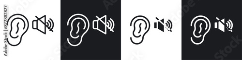 Ear deaf vector icon set in black and white filled and solid style