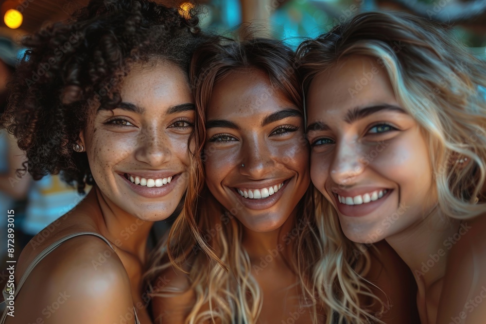 Fototapeta premium Three young women with different hair styles and radiant smiles enjoy a sunny day at the beach, embracing each other happily and showing a strong friendship bond.