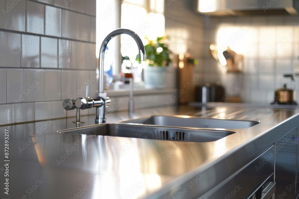 Kitchen sink and faucet in modern kitchen, shallow depth of field Kitchen sink and faucet in modern kitchen, shallow depth of field