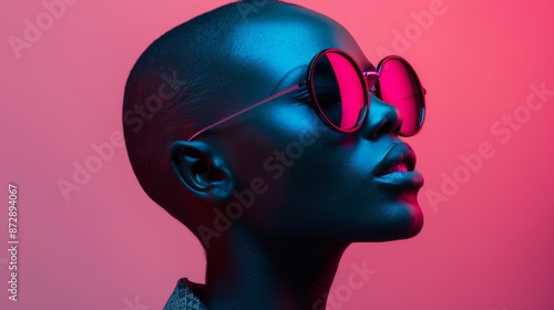 Young black woman model in sunglasses in edge fashion editorial style.
