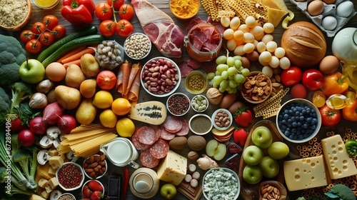 A photo of various healthy foods, including fish,meat and vegetables