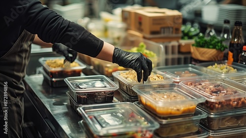 A person is preparing to pack food in plastic containers, surrounded by stacked boxes of takeout dishes and bottles on the table.