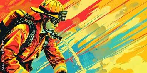 Retro Firefighter Illustration with Flames