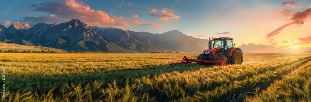 Fototapeta premium Tractor Working in Golden Wheat Field at Sunset