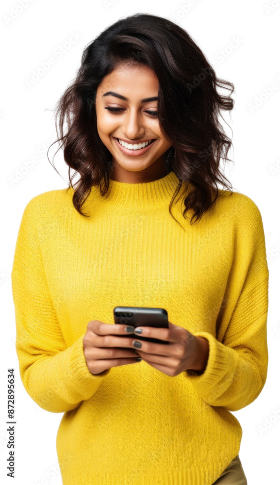 PNG Smiling woman using smartphone PNG Smiling woman using smartphone