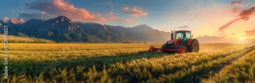 Tractor Working in Golden Wheat Field at Sunset