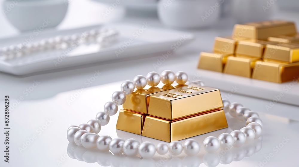 Delicate strands of pearls drape over a stack of gold bars on a white table. The unexpected pairing of organic softness and metallic hardness creates a sense of intrigue and luxury, hinting at a life Delicate strands of pearls drape over a stack of gold bars on a white table. The unexpected pairing of organic softness and metallic hardness creates a sense of intrigue and luxury, hinting at a life