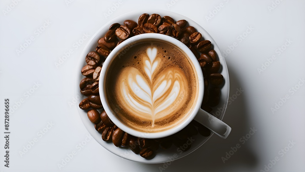 Coffee Cup and Beans Close-Up. A coffee cup with coffee beans around it Coffee Cup and Beans Close-Up. A coffee cup with coffee beans around it