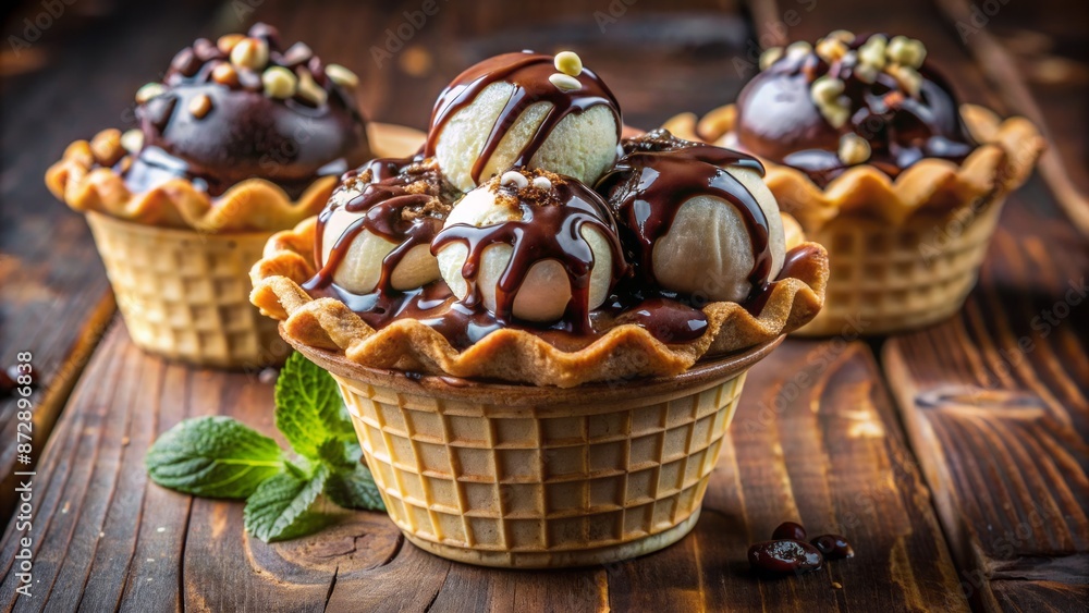 Delicious creamy ice cream scoops filled in crispy golden waffle cup drizzled with rich dark chocolate sauce and toppings. Delicious creamy ice cream scoops filled in crispy golden waffle cup drizzled with rich dark chocolate sauce and toppings.