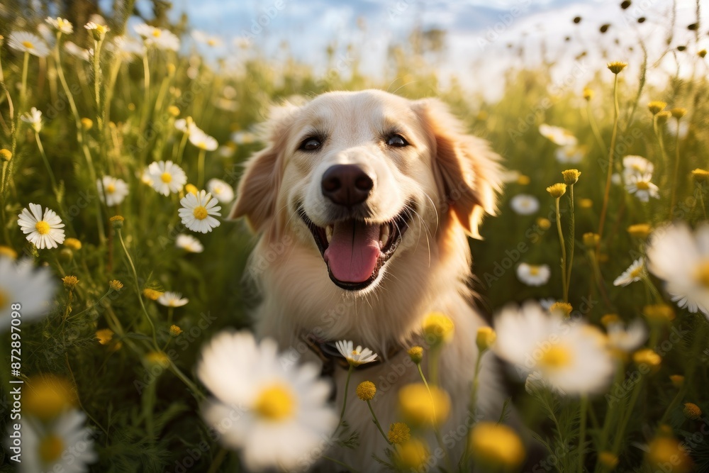 A happy dog in a chamomile field . Summer natural background. A happy dog in a chamomile field . Summer natural background.