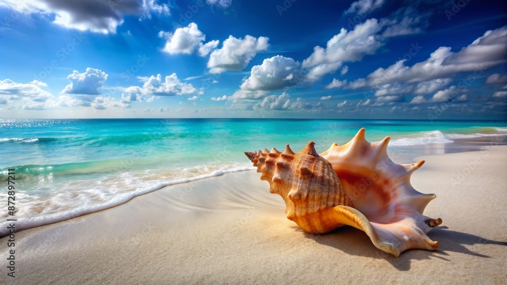Secluded serene coastal scene featuring single large weathered conch shell situated amidst pristine white sand and calm turquoise ocean waves. Secluded serene coastal scene featuring single large weathered conch shell situated amidst pristine white sand and calm turquoise ocean waves.