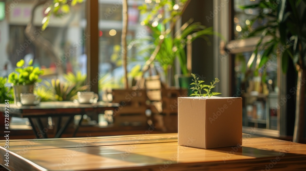 A Small Plant Growing Out of a Cardboard Box on a Wooden Table A Small Plant Growing Out of a Cardboard Box on a Wooden Table
