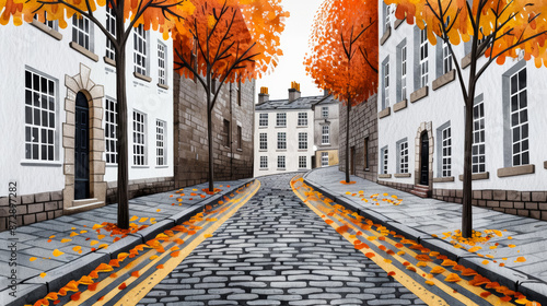 Watercolor illustration of a cozy Edinburgh street in autumn with cobbled paths and fiery foliage ink watercolour 