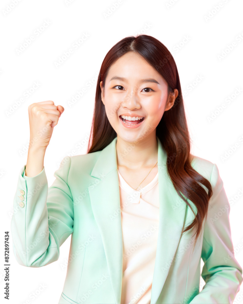 smile young beautiful woman in blazer fist up isolated on white background smile young beautiful woman in blazer fist up isolated on white background