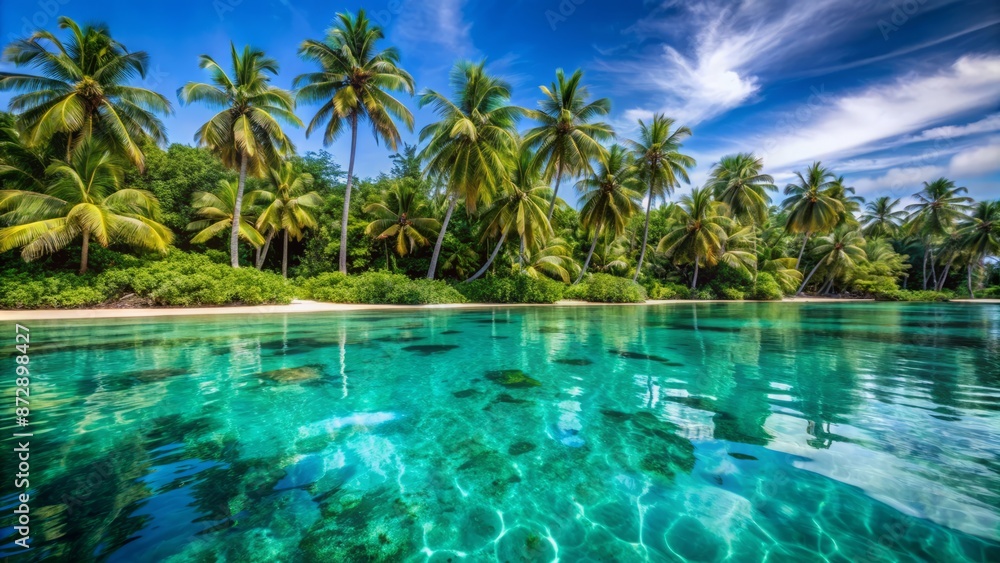 Serene turquoise ocean surface reflects clear sky, surrounded by lush green palm trees, on tropical island, luxury relaxation atmosphere. Serene turquoise ocean surface reflects clear sky, surrounded by lush green palm trees, on tropical island, luxury relaxation atmosphere.