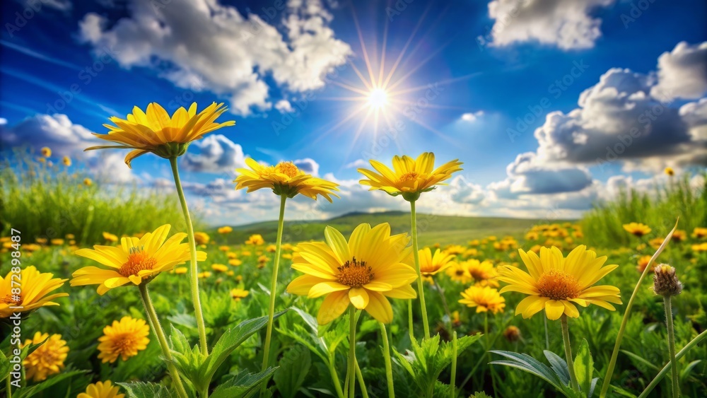 Vibrant yellow flowers blooming in a lush green meadow with natural leaf border against a soft blurred blue cloudy sky background. Vibrant yellow flowers blooming in a lush green meadow with natural leaf border against a soft blurred blue cloudy sky background.