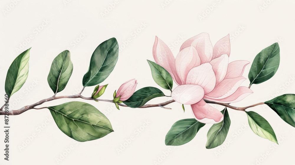 Naklejka premium Watercolor illustration of a delicate blush magnolia accented by shadowy emerald leaves conveying funeral grace watercolour background