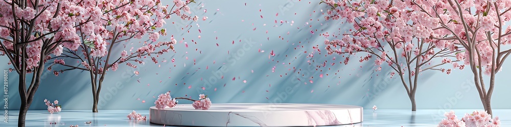 Pastel scene with a marble podium and cherry blossom trees, creating a serene product presentation backdrop. Pastel scene with a marble podium and cherry blossom trees, creating a serene product presentation backdrop.