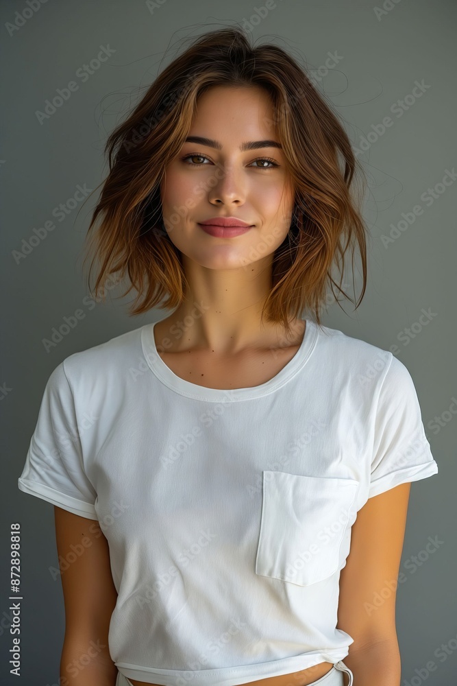 Fototapeta premium A young woman in white t - shirt posing for the camera.