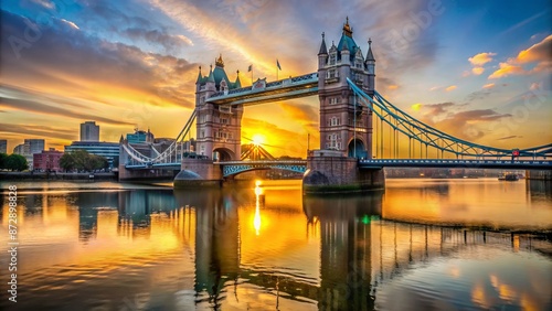 Vibrant dawn breaks over iconic London landmark tower bridge with golden light casting long shadows on tranquil river Thames waters.
