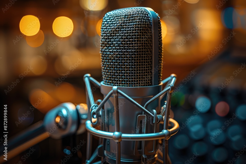 A microphone stands on the stand, blurred background of orange lights, bokeh effect, blurred lights in dark blue and gray tones, high resolution photography, stock photo, bohemian style, hyper realist
