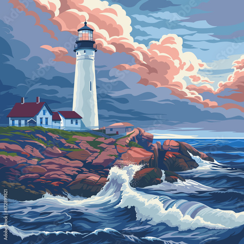Lighthouse on Rocky Coast with Stormy Waves Vector Illustration